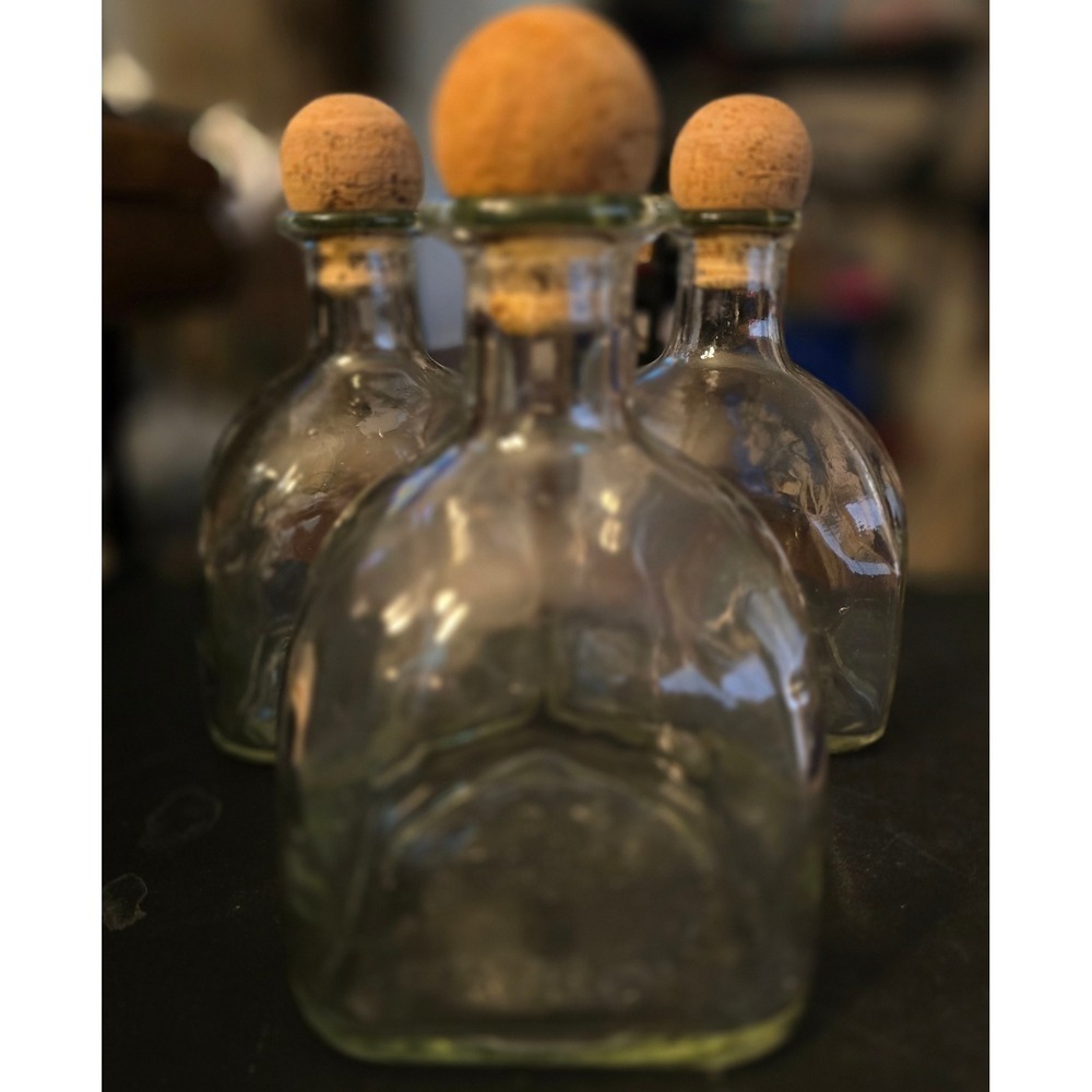 3 Patron Clear Glass Empty Liquor Bottles with Cork Stoppers 4"